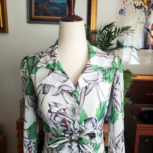 Vintage 70s Botanical Puff Sleeve Mini Shirt Dress - Picture 2 of 4